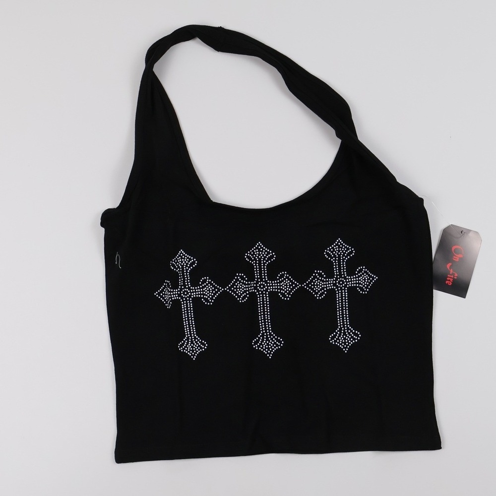 On Fire Halter Top Rhinestone Cross Graphic Black Large NWT